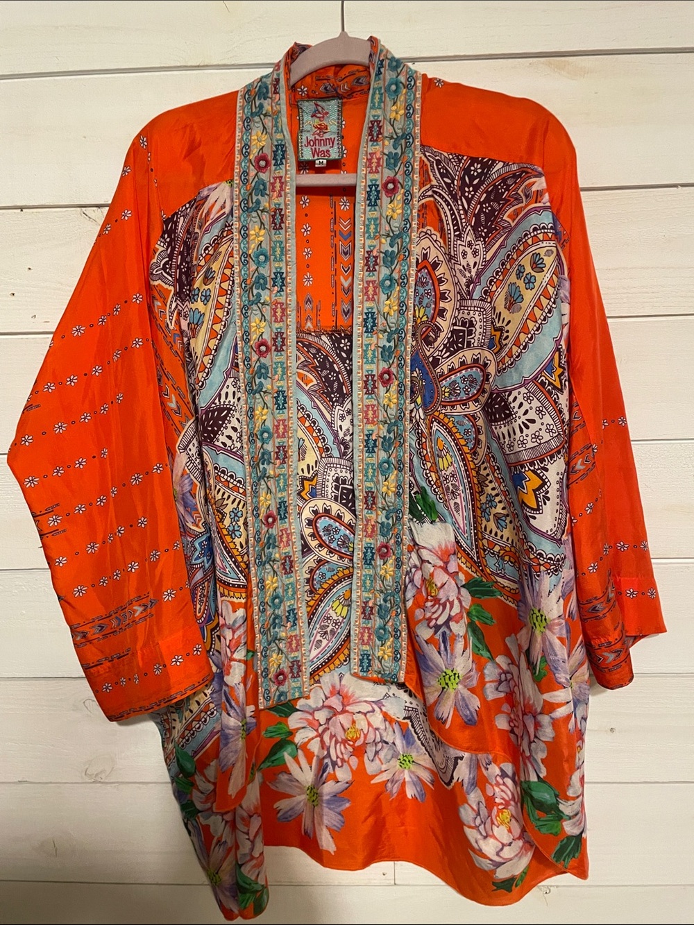 Johnny was 100% silk Orange Floral-Print Women's Kimono Jacket